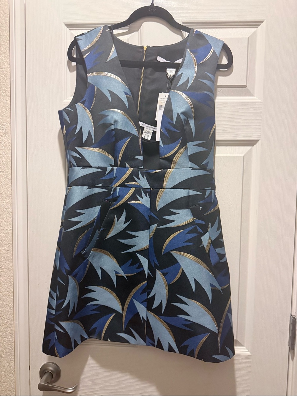 Diane Von Furstenberg Black Mini Dress with Blue & Gold Leaf Motif